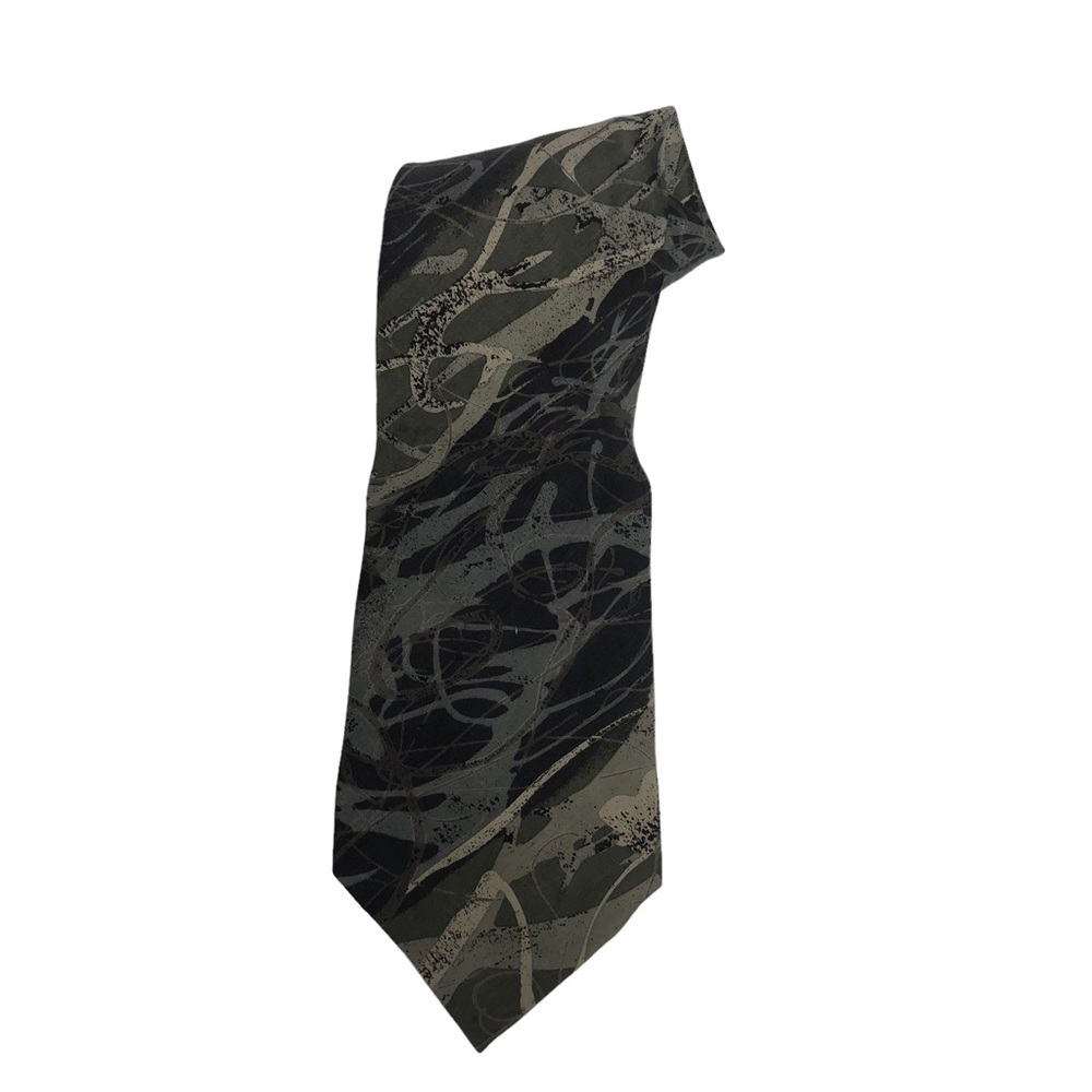 Vintage 70s Briar Green Gray Black Teal Print Silk Tie